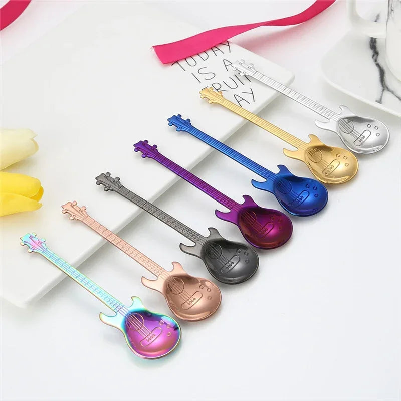 1PC Stainless Steel Cute Cartoon Guitar Spoon Creative Milk Coffee Spoon Ice Cream Candy Teaspoon Accessories Little Spoon