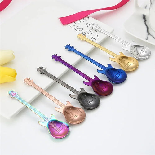 1PC Stainless Steel Cute Cartoon Guitar Spoon Creative Milk Coffee Spoon Ice Cream Candy Teaspoon Accessories Little Spoon