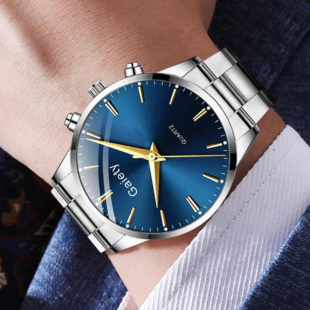 4PC Silver Men Watch Set Business Trend Simple Lines Scale Blue Round Dial Quartz Watch Bracelet Necklace Ring Set Perfect Gift