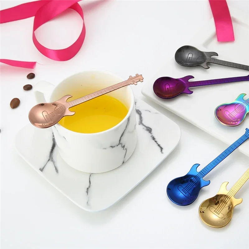 1PC Stainless Steel Cute Cartoon Guitar Spoon Creative Milk Coffee Spoon Ice Cream Candy Teaspoon Accessories Little Spoon