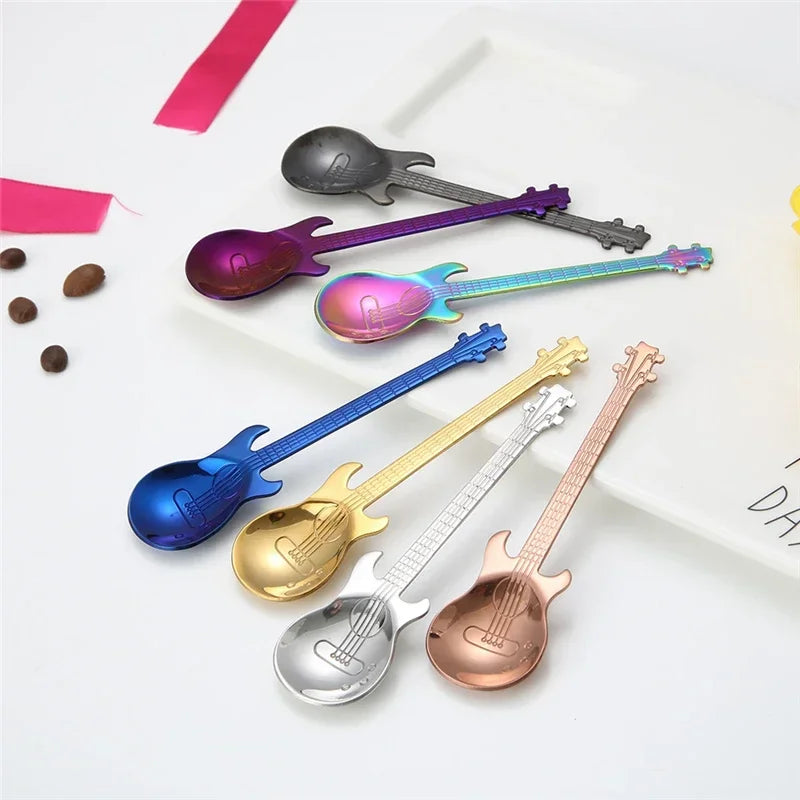 1PC Stainless Steel Cute Cartoon Guitar Spoon Creative Milk Coffee Spoon Ice Cream Candy Teaspoon Accessories Little Spoon