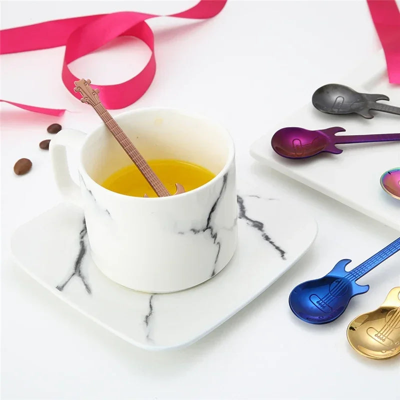 1PC Stainless Steel Cute Cartoon Guitar Spoon Creative Milk Coffee Spoon Ice Cream Candy Teaspoon Accessories Little Spoon