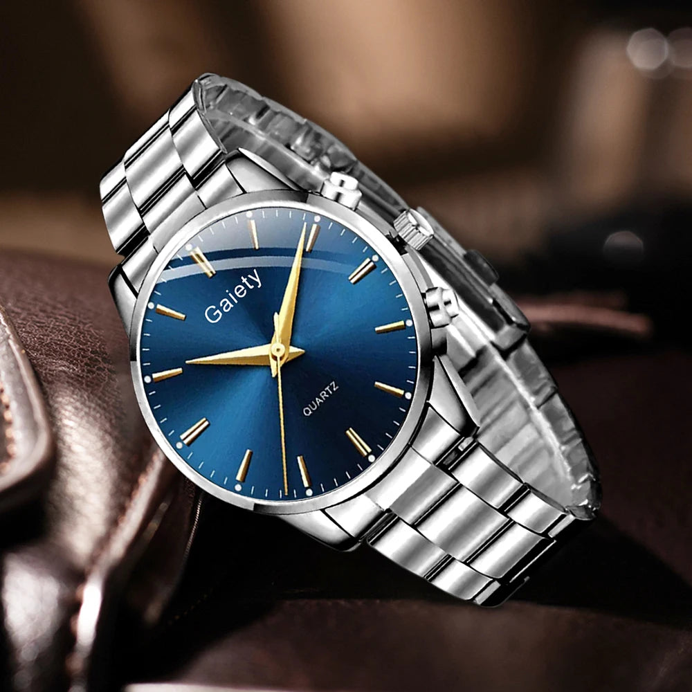 4PC Silver Men Watch Set Business Trend Simple Lines Scale Blue Round Dial Quartz Watch Bracelet Necklace Ring Set Perfect Gift