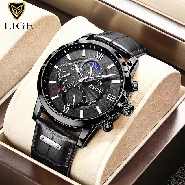 2025 New Mens Watches LIGE Top Brand Luxury Leather Casual Quartz Watch Men's Sport Waterproof Clock Watch Relogio Masculino+Box