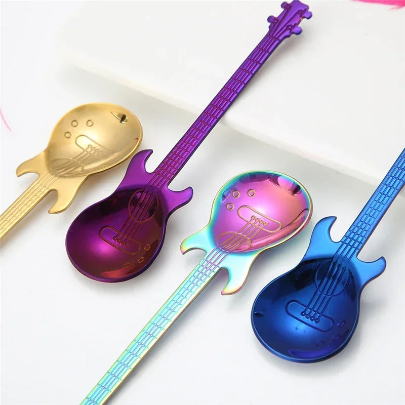 1PC Stainless Steel Cute Cartoon Guitar Spoon Creative Milk Coffee Spoon Ice Cream Candy Teaspoon Accessories Little Spoon