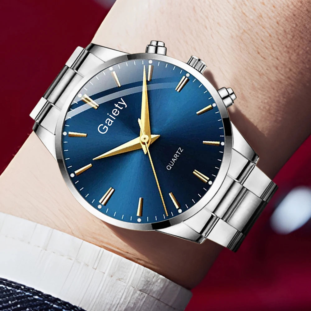 4PC Silver Men Watch Set Business Trend Simple Lines Scale Blue Round Dial Quartz Watch Bracelet Necklace Ring Set Perfect Gift